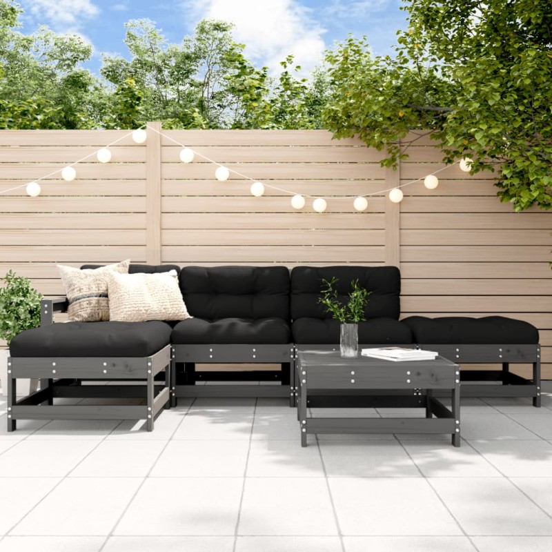 vidaXL Juego de muebles de jardín 6 pzas y cojines madera maciza gris vidaXL Juego de muebles de jardín 6 pzas y cojines madera maciza gris