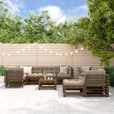 vidaXL Set muebles jardín 10 pzas y cojines madera maciza marrón miel