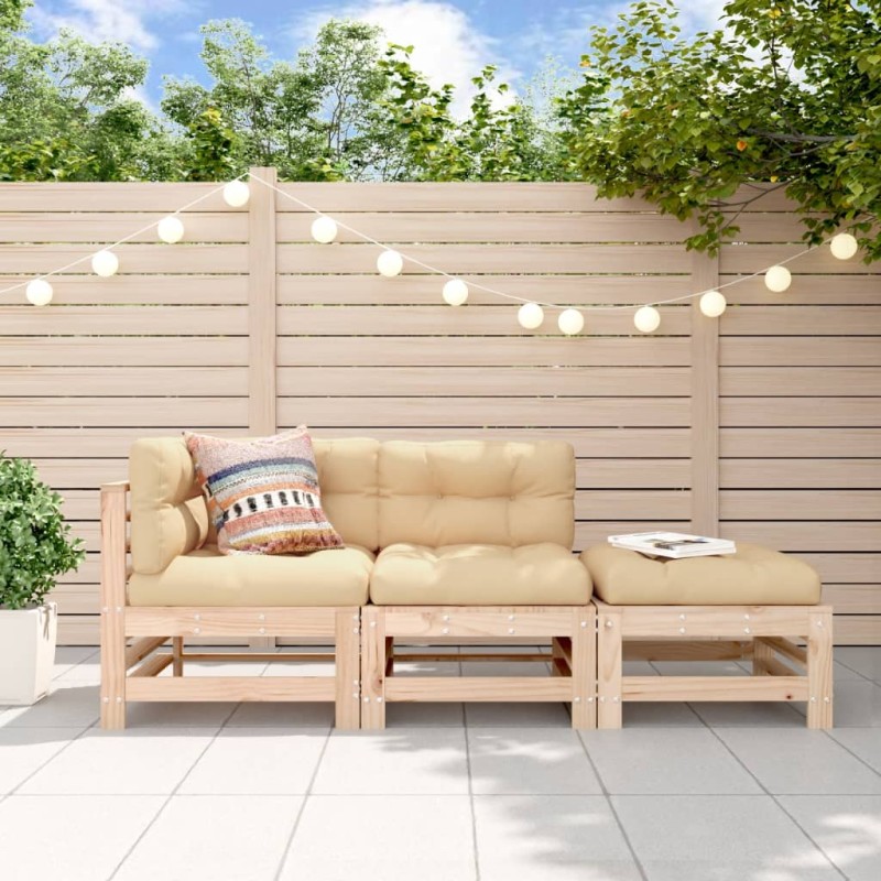 vidaXL Juego de sofás de jardín 3 pzas con cojines madera maciza vidaXL Juego de sofás de jardín 3 pzas con cojines madera maciza