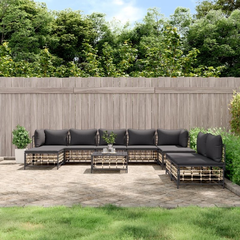 vidaXL Juego de muebles de jardín 10 pzas y cojines ratán PE antracita vidaXL Juego de muebles de jardín 10 pzas y cojines ratán PE antracita