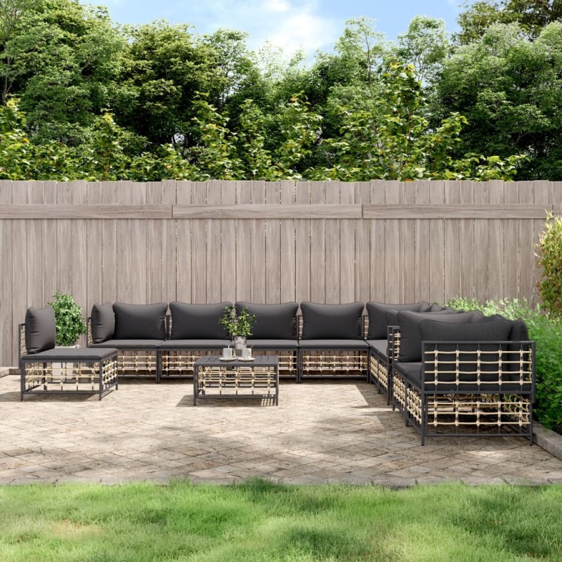 vidaXL Juego de muebles de jardín 11 pzas y cojines ratán PE antracita vidaXL Juego de muebles de jardín 11 pzas y cojines ratán PE antracita