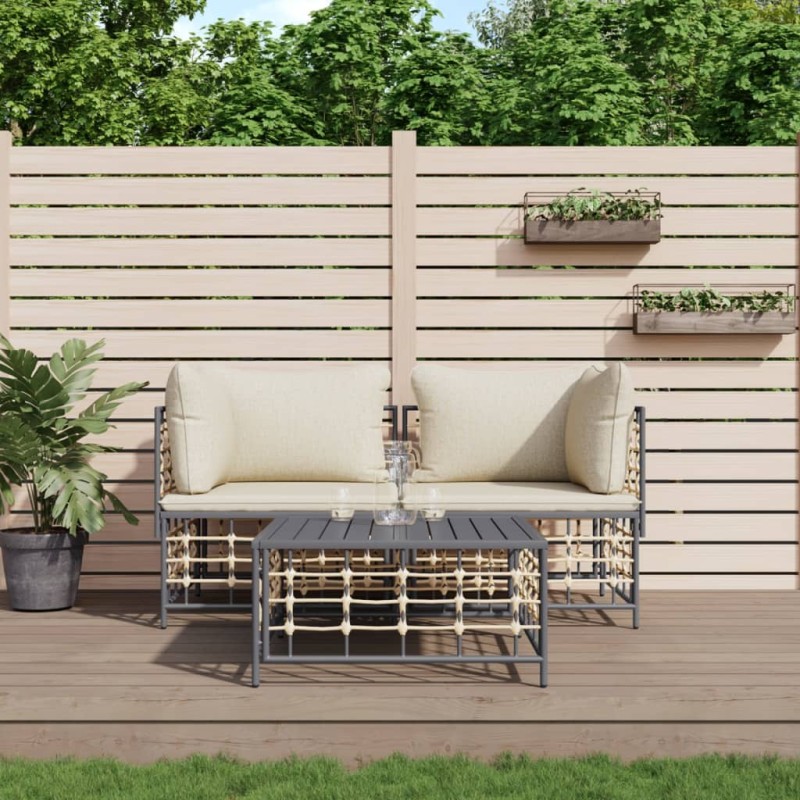 vidaXL Juego de muebles de jardín 3 pzas cojines antracita ratán PE vidaXL Juego de muebles de jardín 3 pzas cojines antracita ratán PE