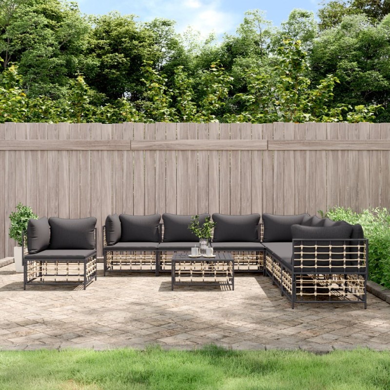 vidaXL Juego de muebles de jardín 9 pzas y cojines ratán PE antracita vidaXL Juego de muebles de jardín 9 pzas y cojines ratán PE antracita