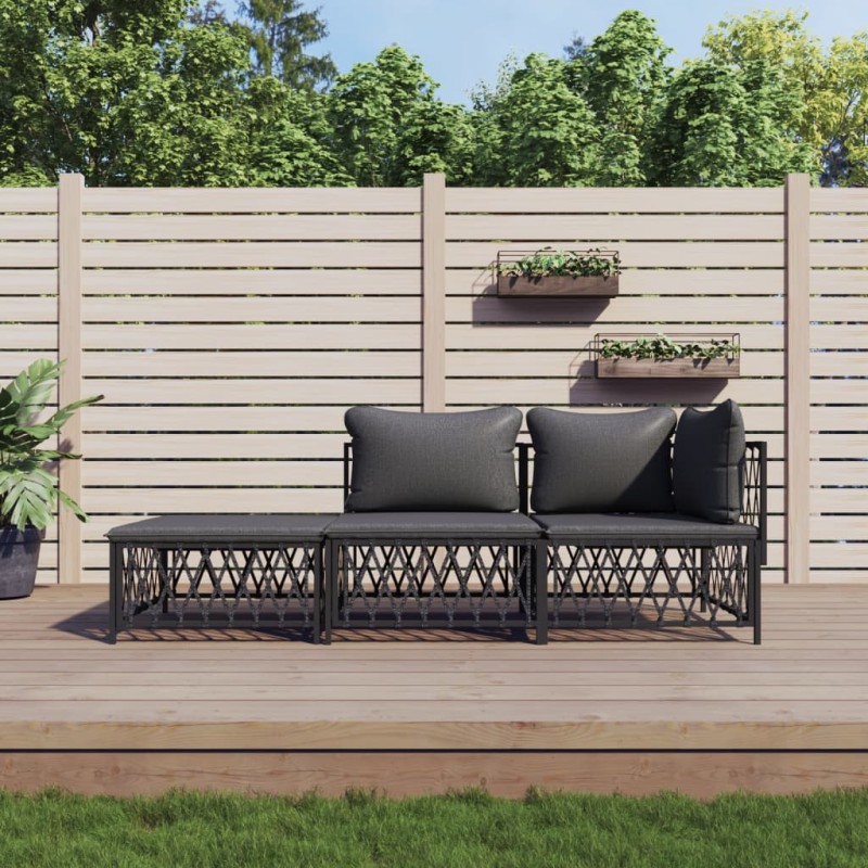 vidaXL Juego muebles de jardín 3 pzas y cojines acero gris antracita vidaXL Juego muebles de jardín 3 pzas y cojines acero gris antracita