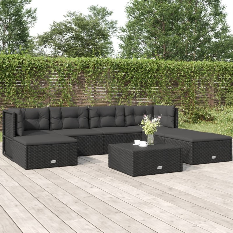 vidaXL Set de muebles de jardín y cojines 7 pzas ratán sintético negro vidaXL Set de muebles de jardín y cojines 7 pzas ratán sintético negro