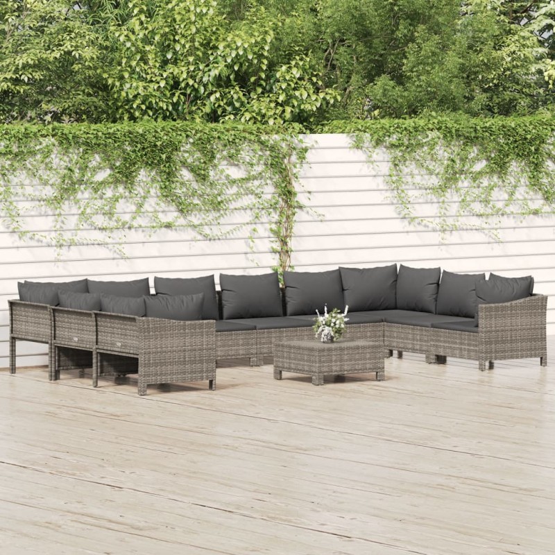 vidaXL Set de muebles de jardín 11 pzas y cojines ratán sintético gris vidaXL Set de muebles de jardín 11 pzas y cojines ratán sintético gris