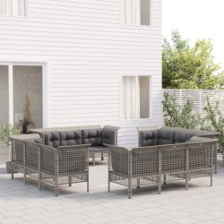 vidaXL Set de muebles de jardín 12 pzas cojines ratán sintético gris