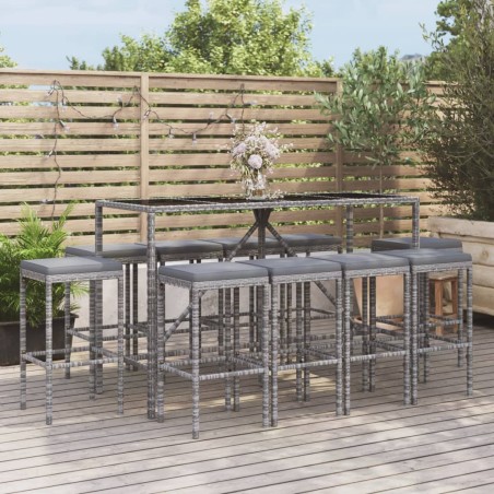vidaXL Mesa y taburetes altos jardín 11 piezas y cojines ratán PE gris