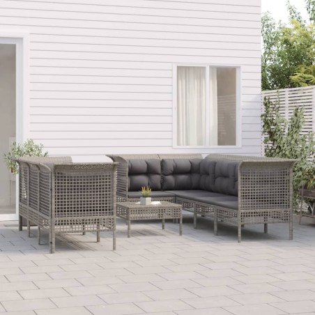 vidaXL Set de muebles de jardín 9 pzas y cojines ratán sintético gris