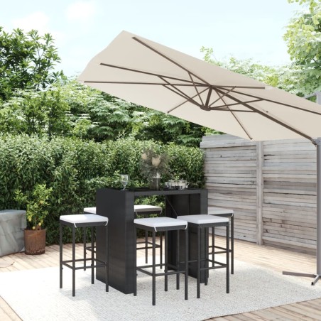 vidaXL Mesa y taburetes altos jardín y cojines 7 pzas ratán PE negro