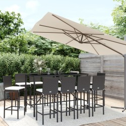 vidaXL Mesa y taburetes altos jardín 11 pzas y cojines ratán PE negro