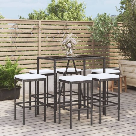 vidaXL Mesa y taburetes altos jardín y cojines 7 pzas ratán PE negro