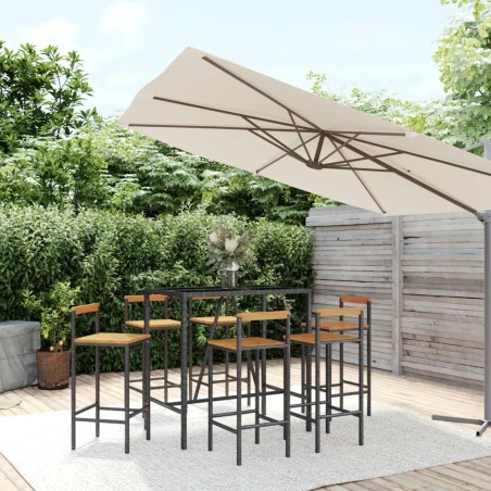 vidaXL Mesa bar y taburetes jardín 7 pzas madera acacia ratán PE negro