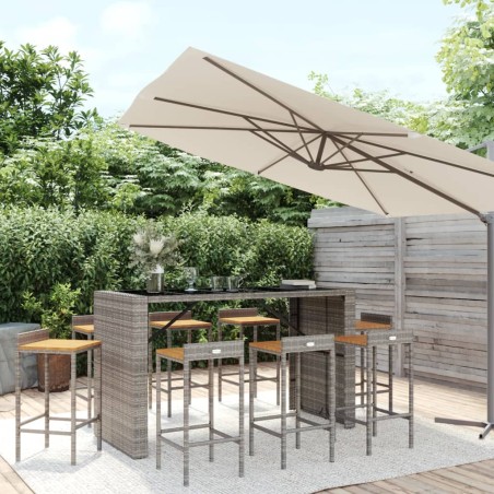 vidaXL Mesa bar y taburetes jardín 9 pzas madera acacia ratán PE gris
