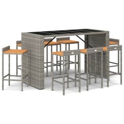 vidaXL Mesa bar y taburetes jardín 9 pzas madera acacia ratán PE gris