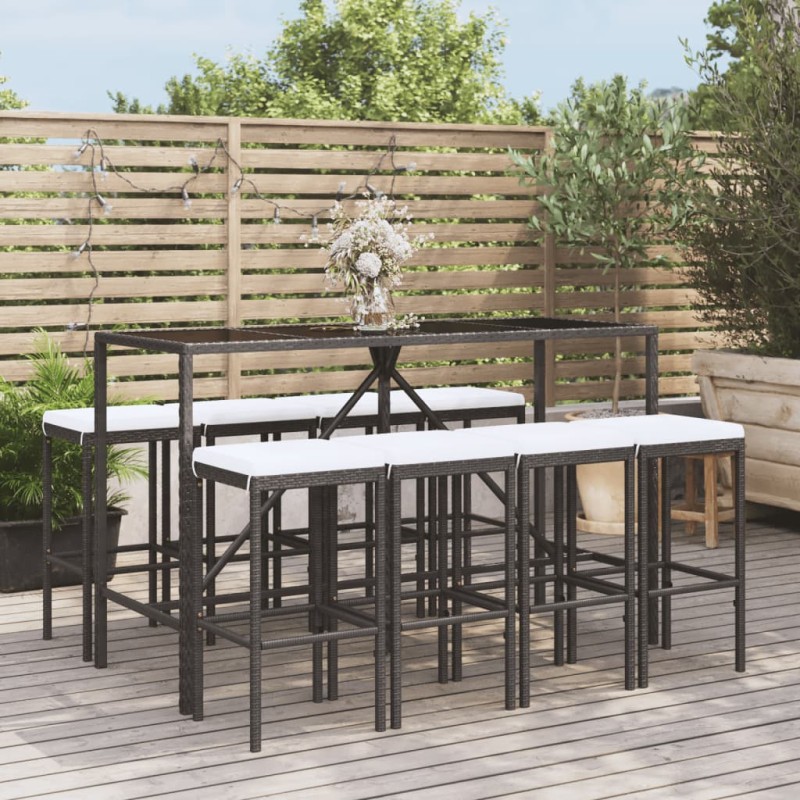 vidaXL Mesa y taburetes altos jardín 9 piezas y cojines ratán PE negro vidaXL Mesa y taburetes altos jardín 9 piezas y cojines ratán PE negro