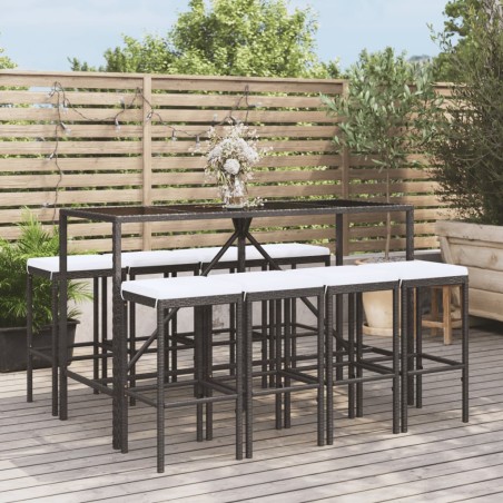 vidaXL Mesa y taburetes altos jardín 9 piezas y cojines ratán PE negro