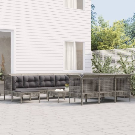 vidaXL Set de muebles de jardín 12 pzas cojines ratán sintético gris