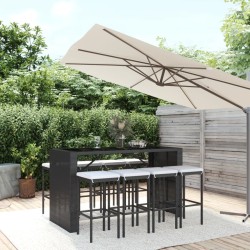 vidaXL Mesa y taburetes altos jardín 9 piezas y cojines ratán PE negro