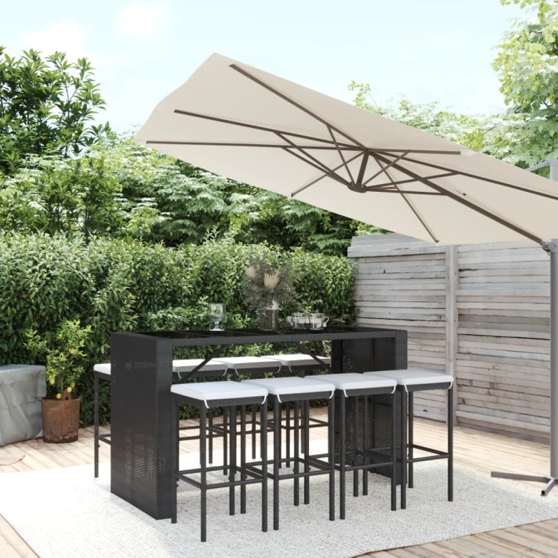 vidaXL Mesa y taburetes altos jardín 9 piezas y cojines ratán PE negro vidaXL Mesa y taburetes altos jardín 9 piezas y cojines ratán PE negro