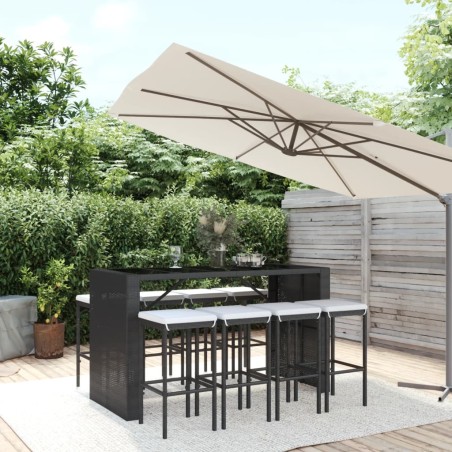 vidaXL Mesa y taburetes altos jardín 9 piezas y cojines ratán PE negro