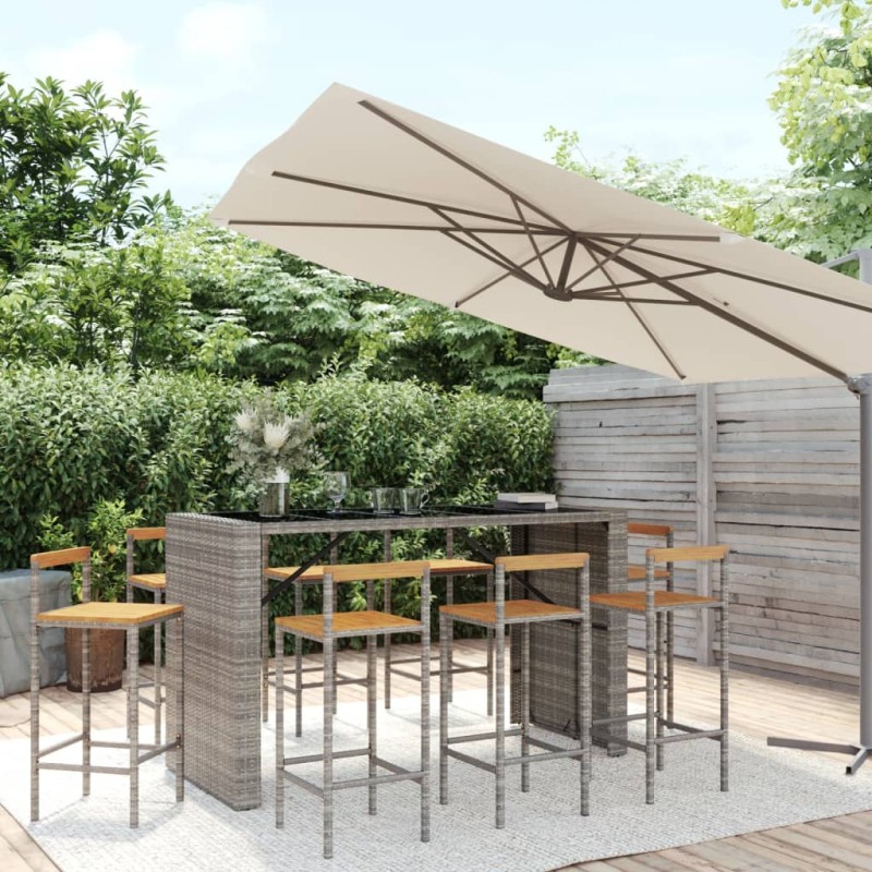 vidaXL Mesa bar y taburetes jardín 9 pzas madera acacia ratán PE gris vidaXL Mesa bar y taburetes jardín 9 pzas madera acacia ratán PE gris