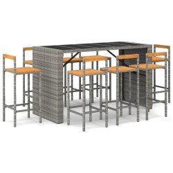 vidaXL Mesa bar y taburetes jardín 9 pzas madera acacia ratán PE gris