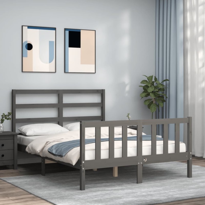 vidaXL Estructura cama de matrimonio con cabecero madera maciza gris vidaXL Estructura cama de matrimonio con cabecero madera maciza gris