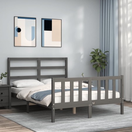 vidaXL Estructura cama de matrimonio con cabecero madera maciza gris
