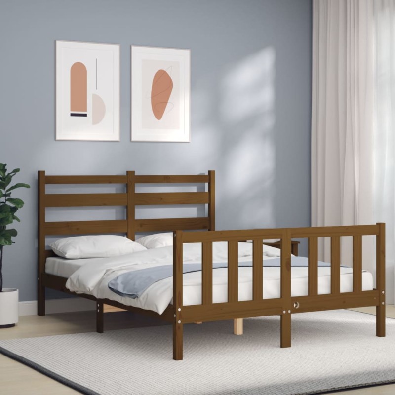 vidaXL Estructura de cama matrimonio con cabecero madera marrón miel vidaXL Estructura de cama matrimonio con cabecero madera marrón miel