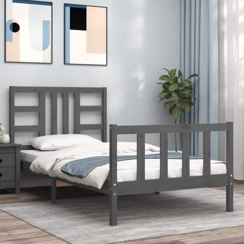 vidaXL Estructura de cama con cabecero madera maciza gris 90x190 cm vidaXL Estructura de cama con cabecero madera maciza gris 90x190 cm
