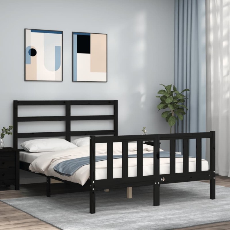 vidaXL Estructura de cama con cabecero madera maciza negro 140x200 cm vidaXL Estructura de cama con cabecero madera maciza negro 140x200 cm