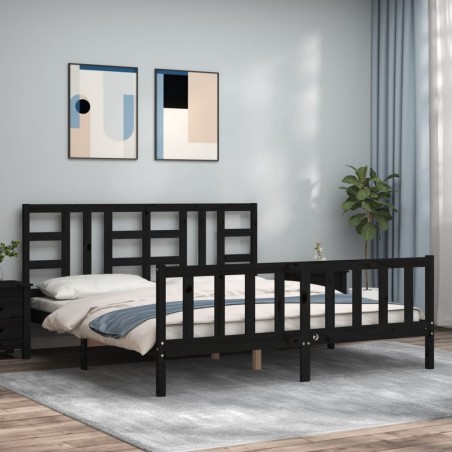 vidaXL Estructura de cama con cabecero madera maciza negro 180x200 cm