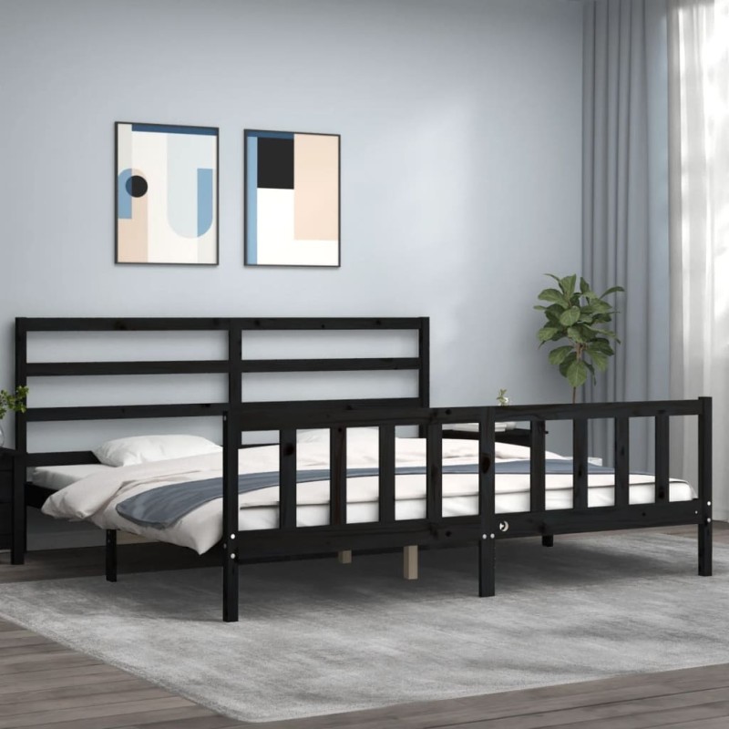 vidaXL Estructura de cama con cabecero madera maciza negro 180x200 cm vidaXL Estructura de cama con cabecero madera maciza negro 180x200 cm