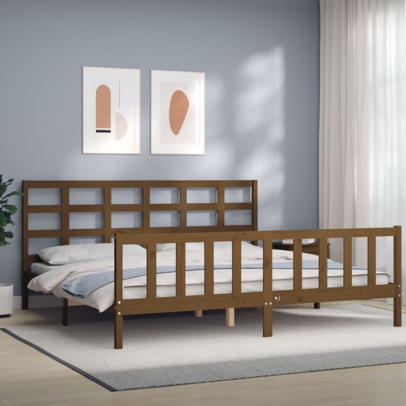 vidaXL Estructura cama y cabecero madera maciza marrón miel 200x200 cm vidaXL Estructura cama y cabecero madera maciza marrón miel 200x200 cm