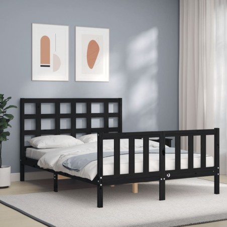 vidaXL Estructura cama de matrimonio con cabecero madera maciza negra