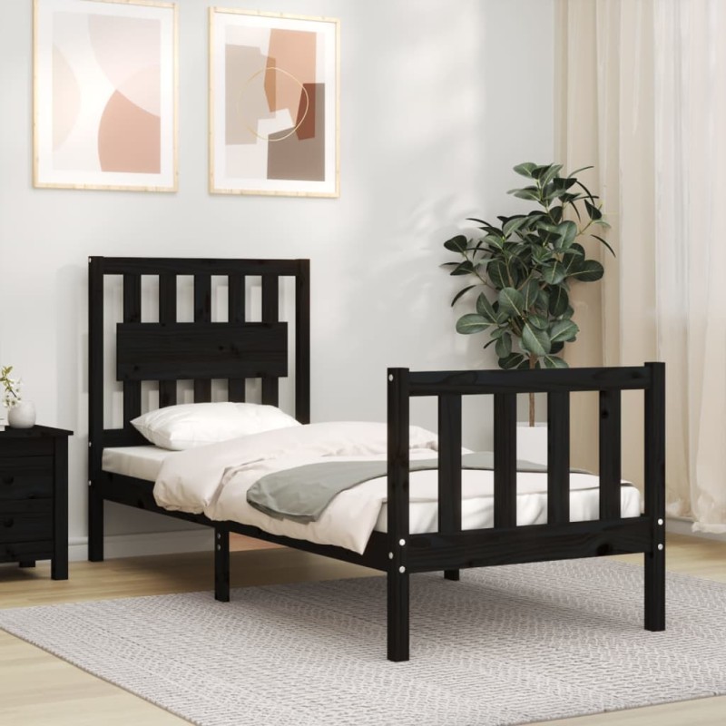 vidaXL Estructura de cama individual con cabecero madera maciza negro vidaXL Estructura de cama individual con cabecero madera maciza negro