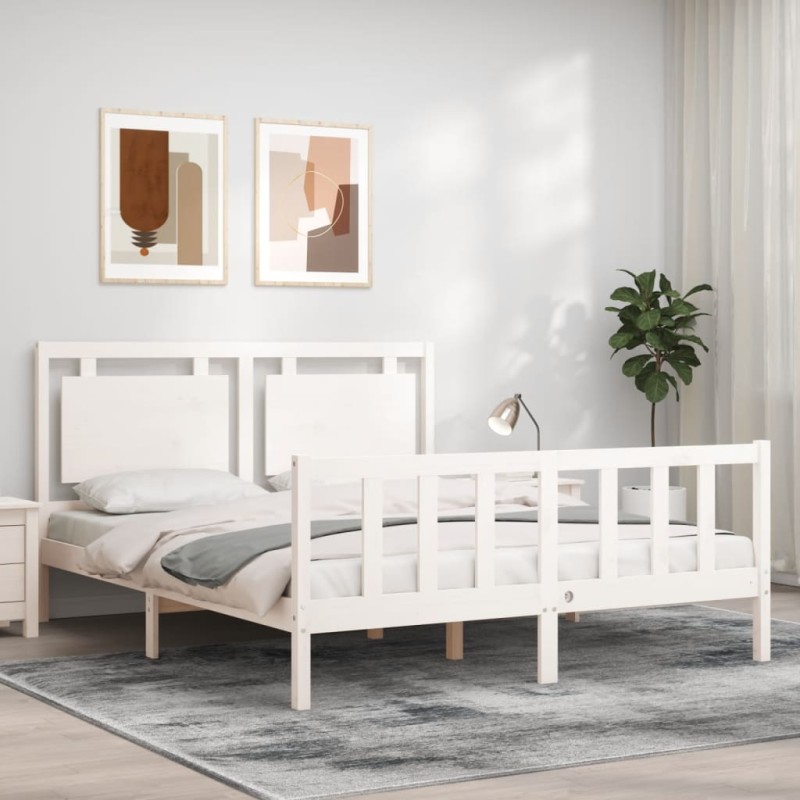 vidaXL Estructura de cama matrimonio con cabecero madera maciza blanco vidaXL Estructura de cama matrimonio con cabecero madera maciza blanco