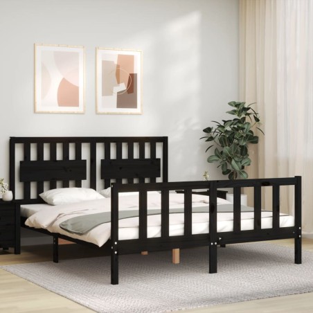 vidaXL Estructura de cama con cabecero madera maciza negro 160x200 cm