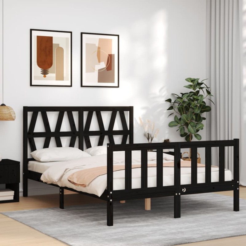 vidaXL Estructura de cama con cabecero madera maciza negro 140x190 cm vidaXL Estructura de cama con cabecero madera maciza negro 140x190 cm