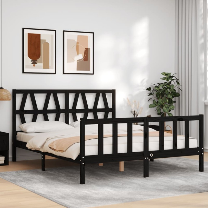 vidaXL Estructura de cama con cabecero madera maciza negro 160x200 cm vidaXL Estructura de cama con cabecero madera maciza negro 160x200 cm