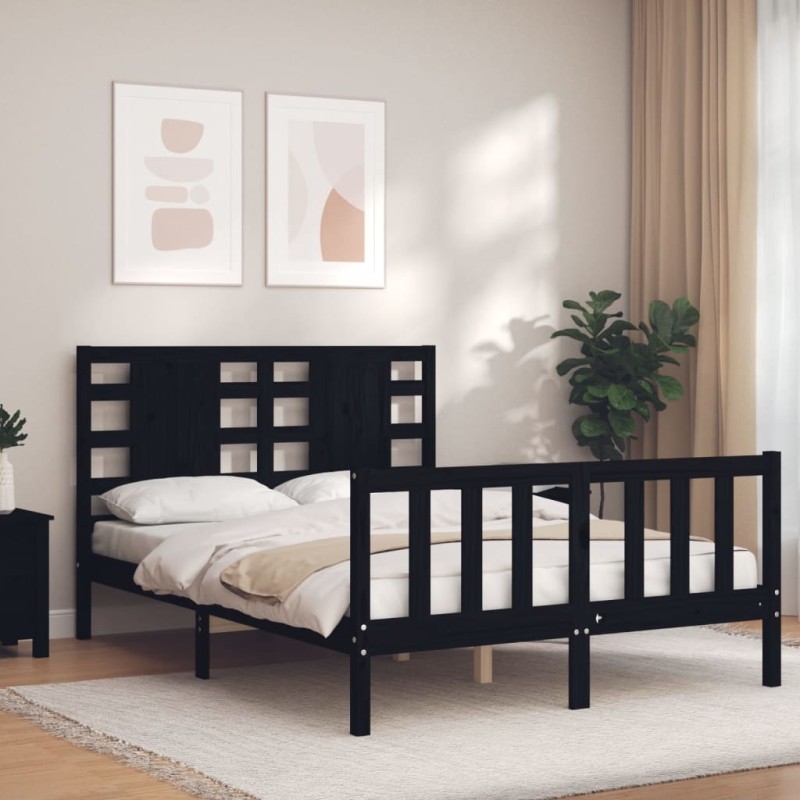 vidaXL Estructura cama de matrimonio con cabecero madera maciza negra