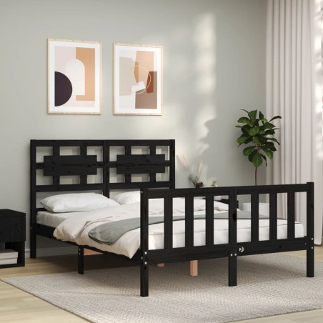 vidaXL Estructura cama de matrimonio con cabecero madera maciza negra