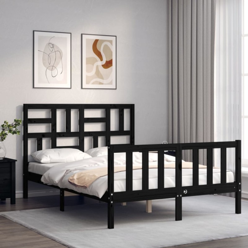 vidaXL Estructura cama de matrimonio con cabecero madera maciza negra vidaXL Estructura cama de matrimonio con cabecero madera maciza negra