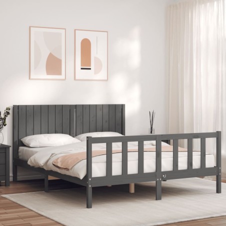vidaXL Estructura de cama matrimonio con cabecero madera maciza gris