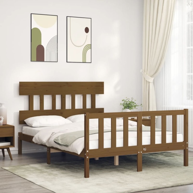 vidaXL Estructura de cama matrimonio con cabecero madera marrón miel