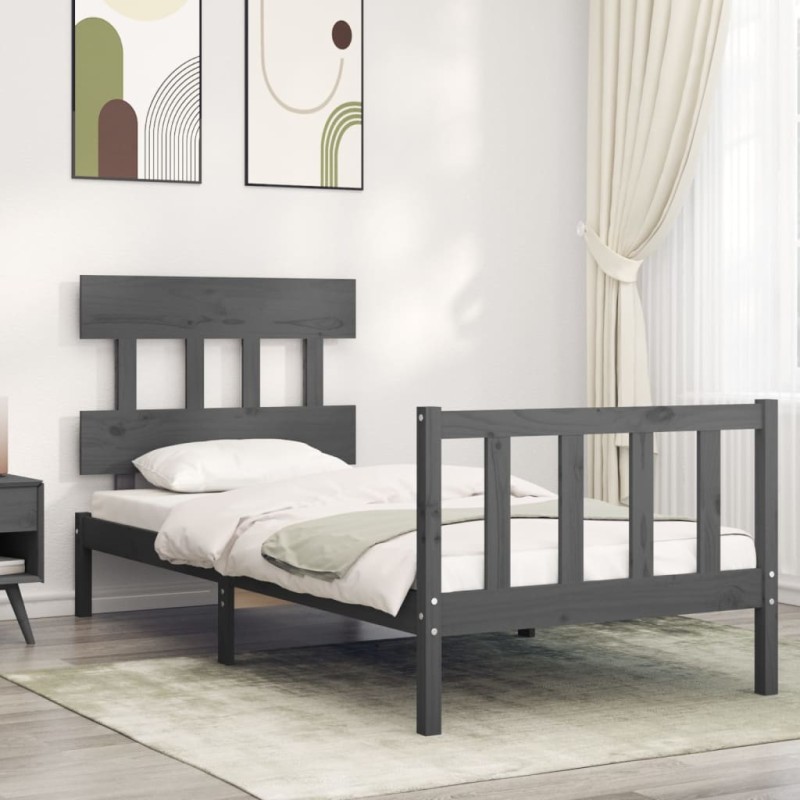 vidaXL Estructura de cama con cabecero madera maciza gris 100x200 cm