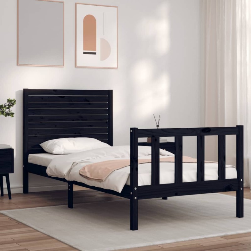 vidaXL Estructura de cama con cabecero madera maciza negro 90x200 cm vidaXL Estructura de cama con cabecero madera maciza negro 90x200 cm