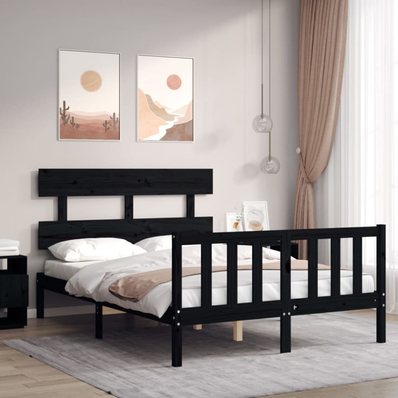 vidaXL Estructura cama de matrimonio con cabecero madera maciza negra vidaXL Estructura cama de matrimonio con cabecero madera maciza negra