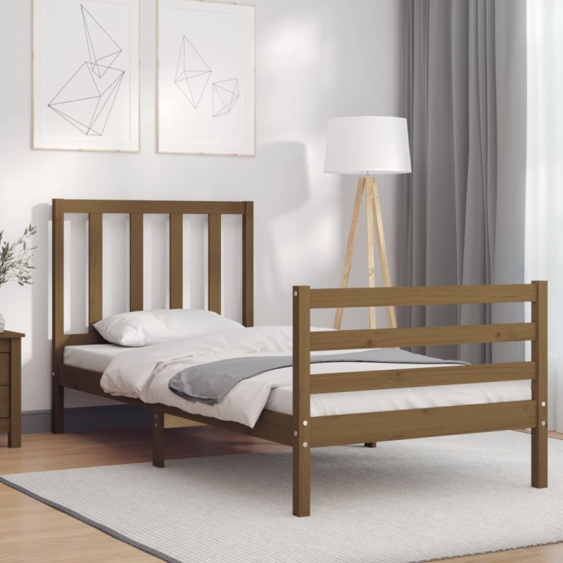 vidaXL Estructura cama con cabecero madera maciza marrón miel 90x200cm vidaXL Estructura cama con cabecero madera maciza marrón miel 90x200cm